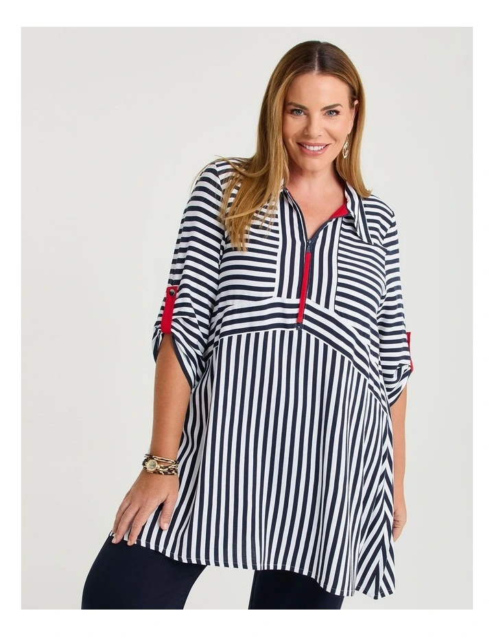 Zip Collar Stripe Natural Tunic Dark Indigo image 1