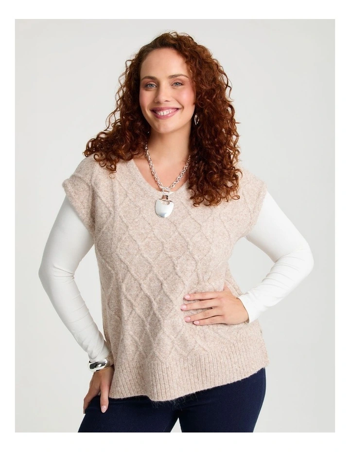 Cable Knit V-neck Vest Oatmeal Marle image 1