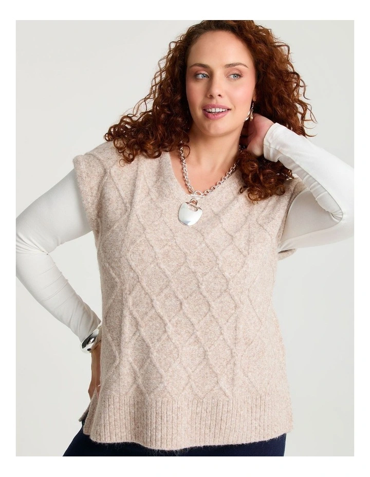 Cable Knit V-neck Vest Oatmeal Marle image 3