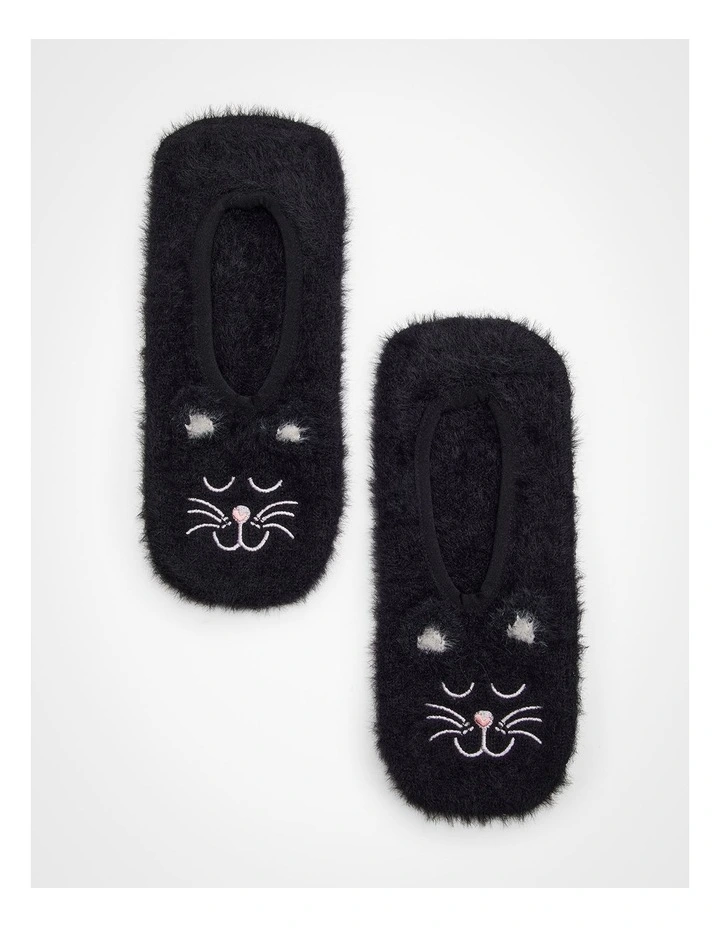 Fluffy Cat Slipper Socks in Black image 1