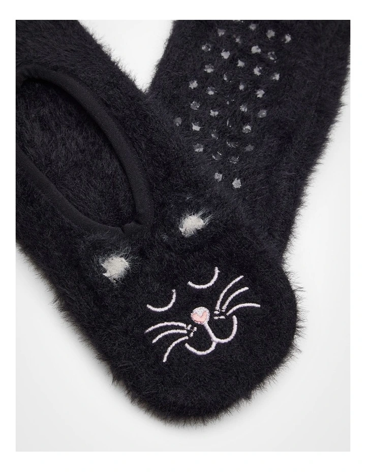 Fluffy Cat Slipper Socks in Black image 2