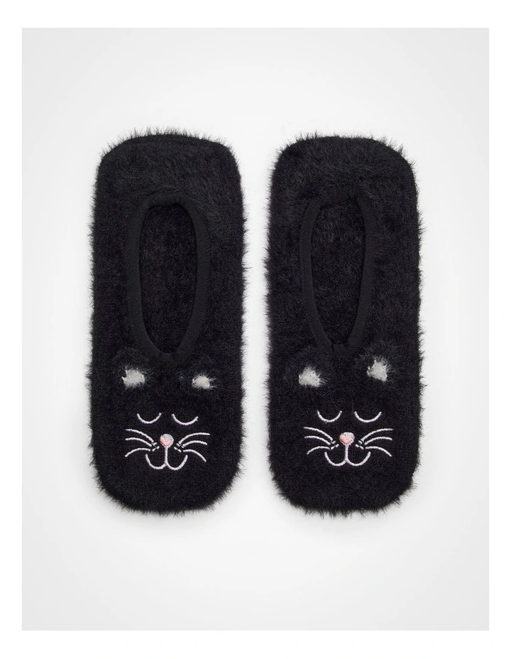 Fluffy Cat Slipper Socks in Black image 3