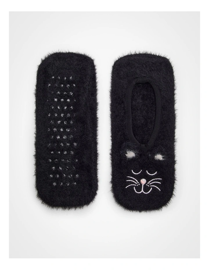 Fluffy Cat Slipper Socks in Black image 4
