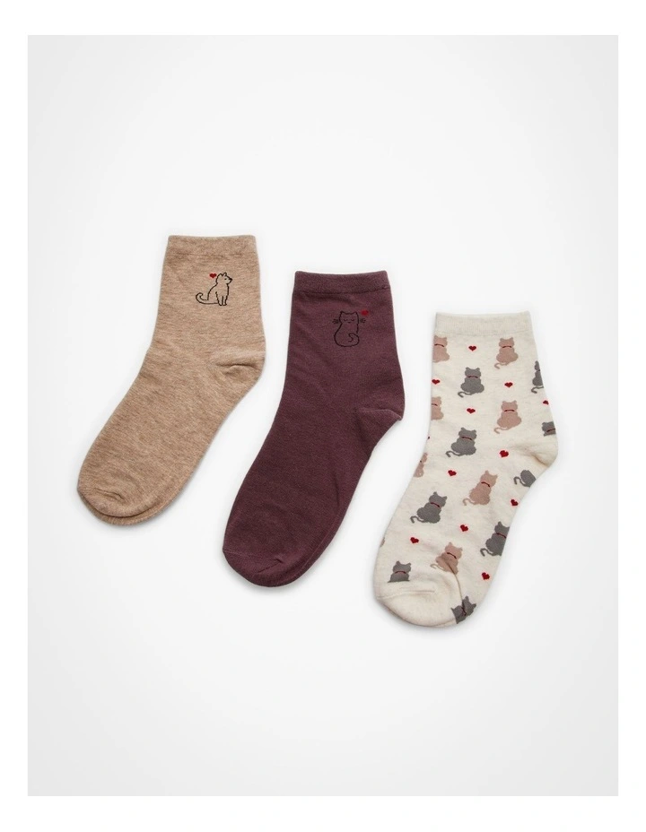 Cotton Cat Socks of 3 Pack in Multi image 1
