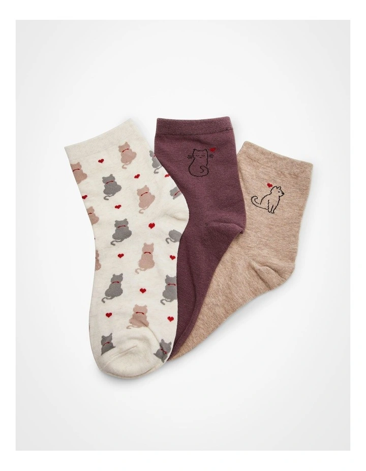 Cotton Cat Socks of 3 Pack in Multi image 2