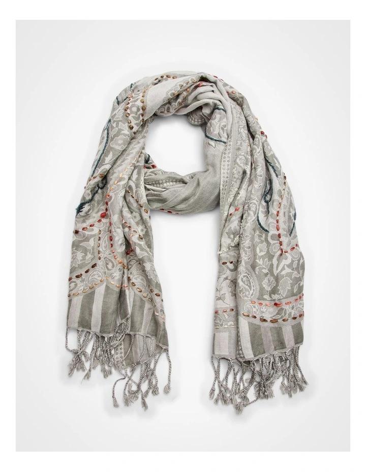 Embroidered Jacquard Scarf in Grey image 1