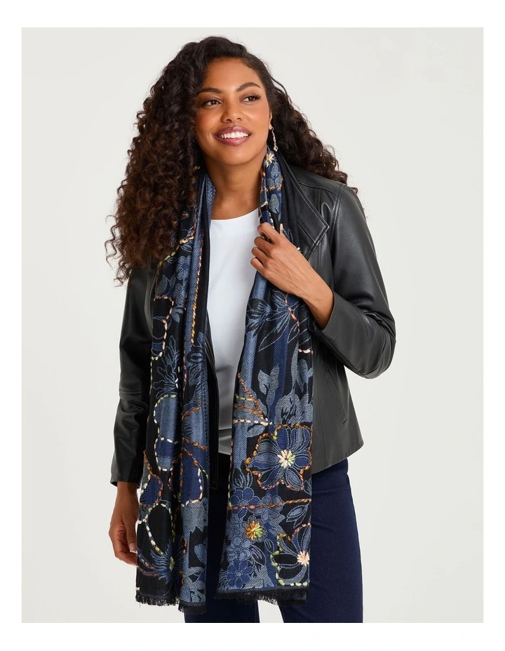 Blue Flower Embroidered Scarf Blue image 2