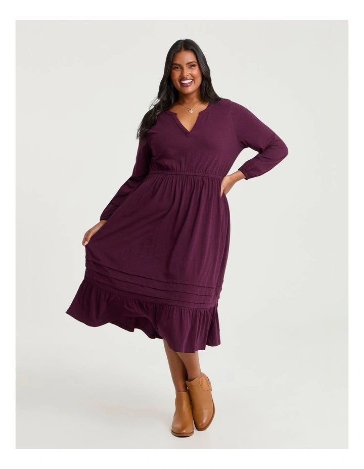 Cotton Pleat Detail Dress Wine image 1