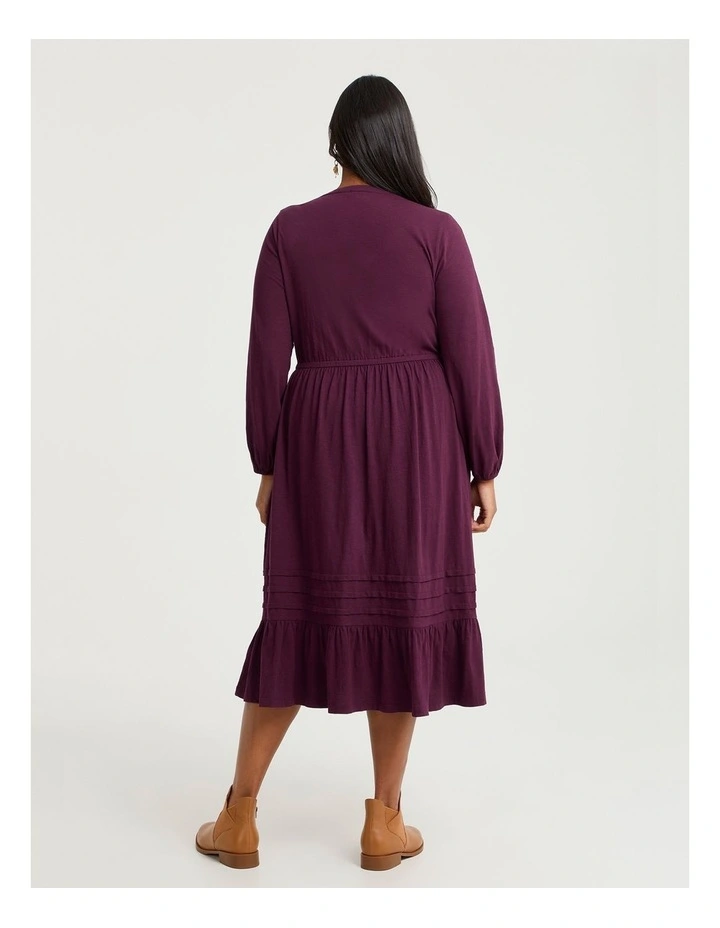 Cotton Pleat Detail Dress Wine image 2