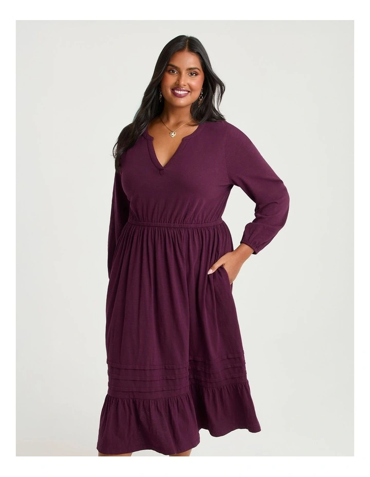 Cotton Pleat Detail Dress Wine image 3