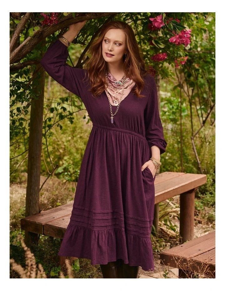 Cotton Pleat Detail Dress Wine image 4