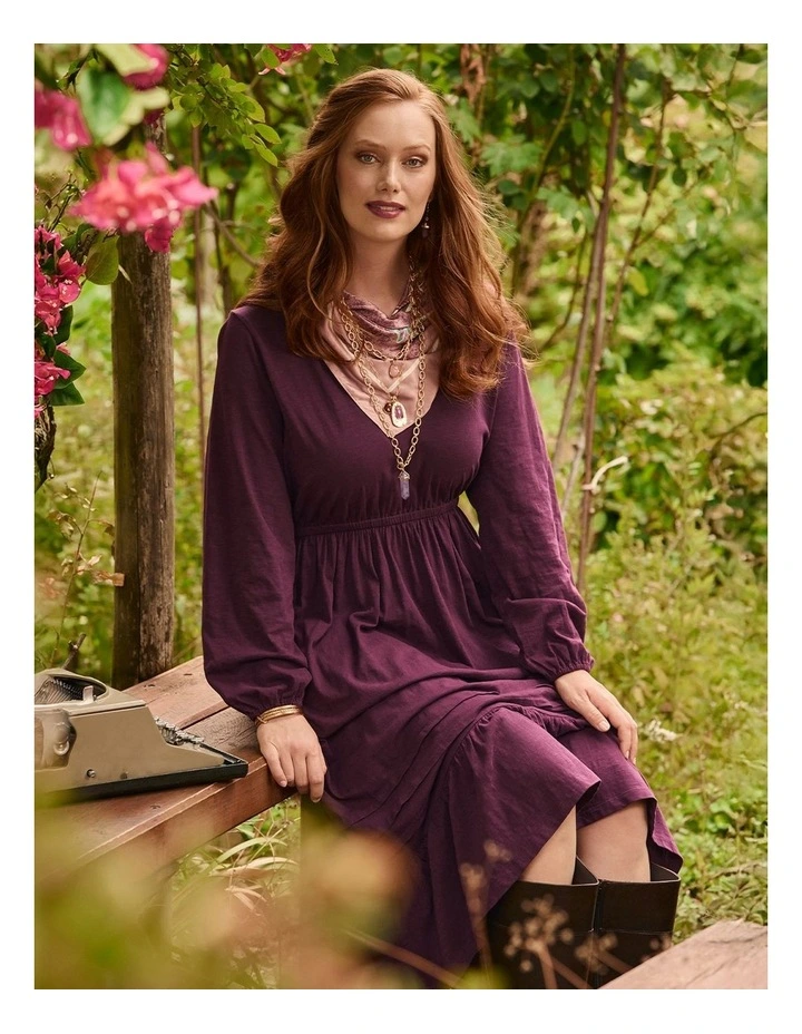 Cotton Pleat Detail Dress Wine image 5