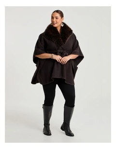 Embroidered Fur Tie Up Cape in Chocolate