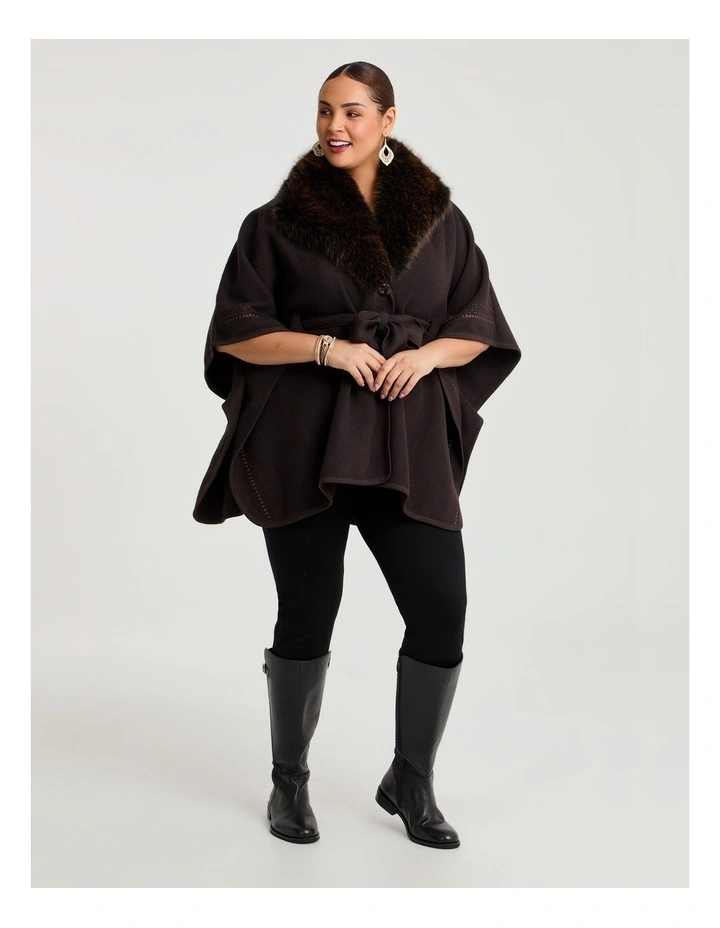 Embroidered Fur Tie Up Cape in Chocolate image 1