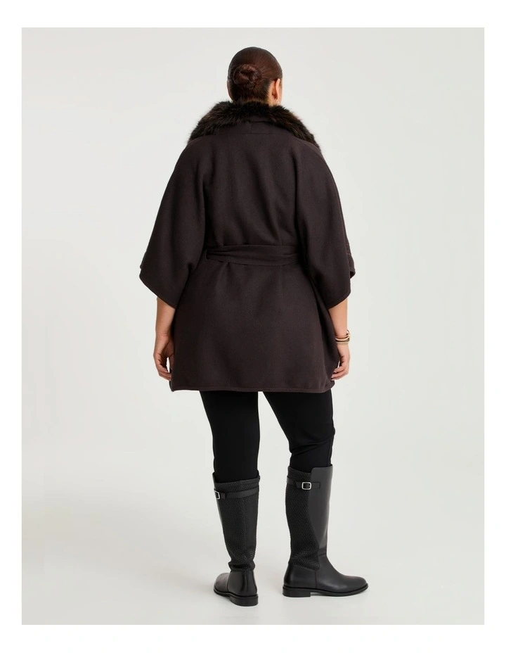 Embroidered Fur Tie Up Cape in Chocolate image 2