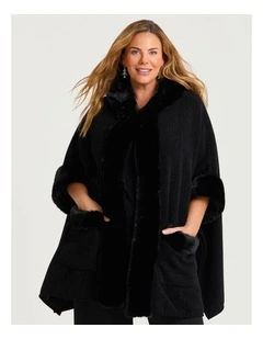 Hooded Fur Luxurious Cape in Black
