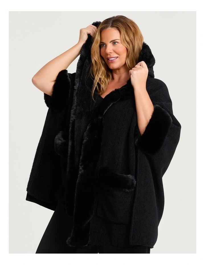 Hooded Fur Luxurious Cape in Black image 3