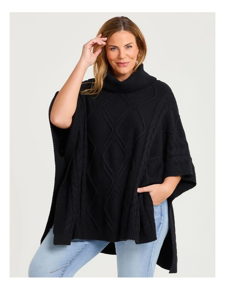 New Cable Relaxed Poncho in Black image 1