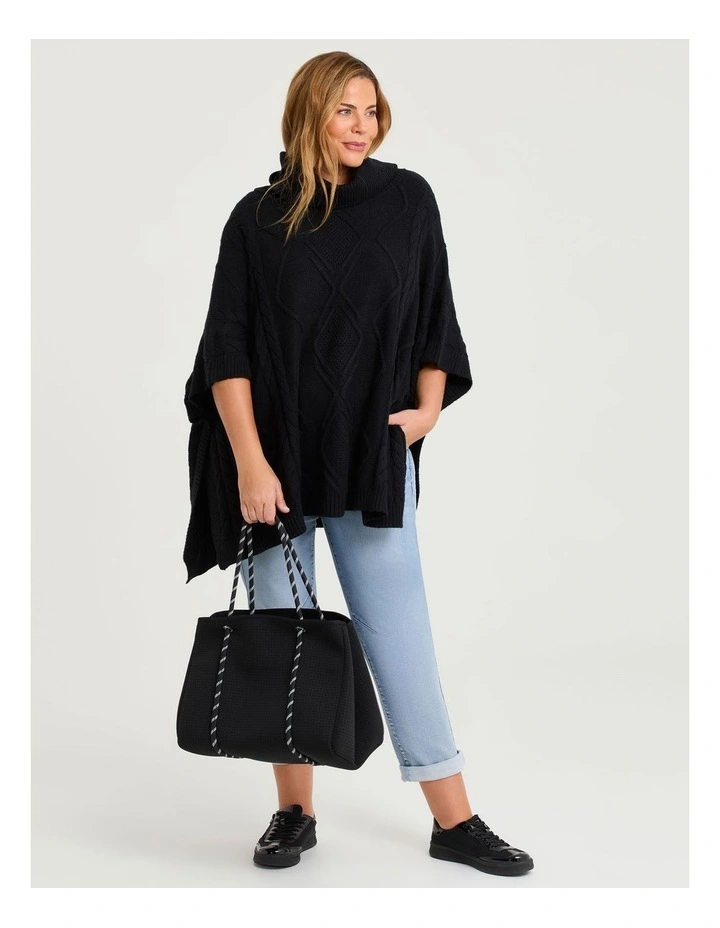 New Cable Relaxed Poncho in Black image 3