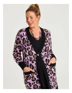 Leopard Long Wool Mix Cardigan Lilac Leopard