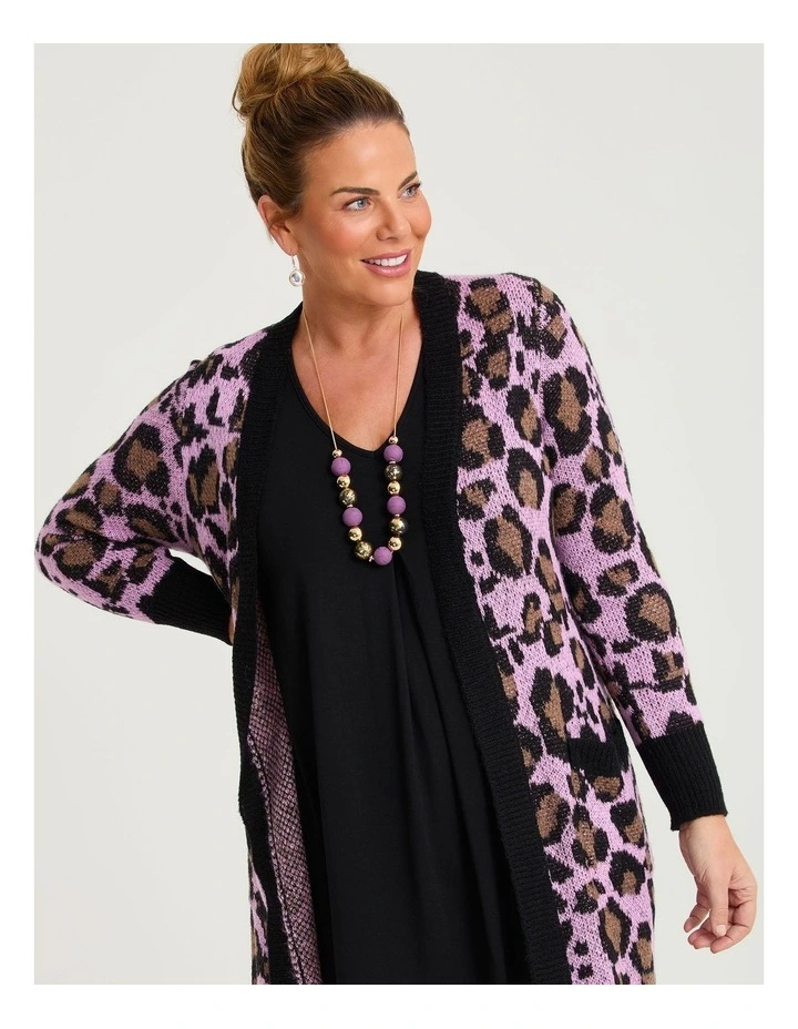 Leopard Long Wool Mix Cardigan Lilac Leopard image 3