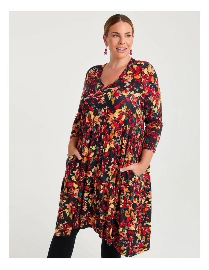 Pearl Printed Tier Dress Black in multi image 3