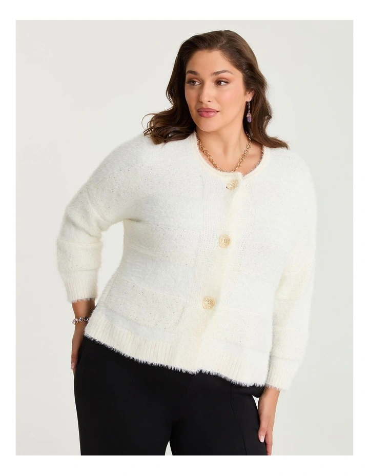 Fluffy Stripe Button Cardigan in Ivory Cream image 1