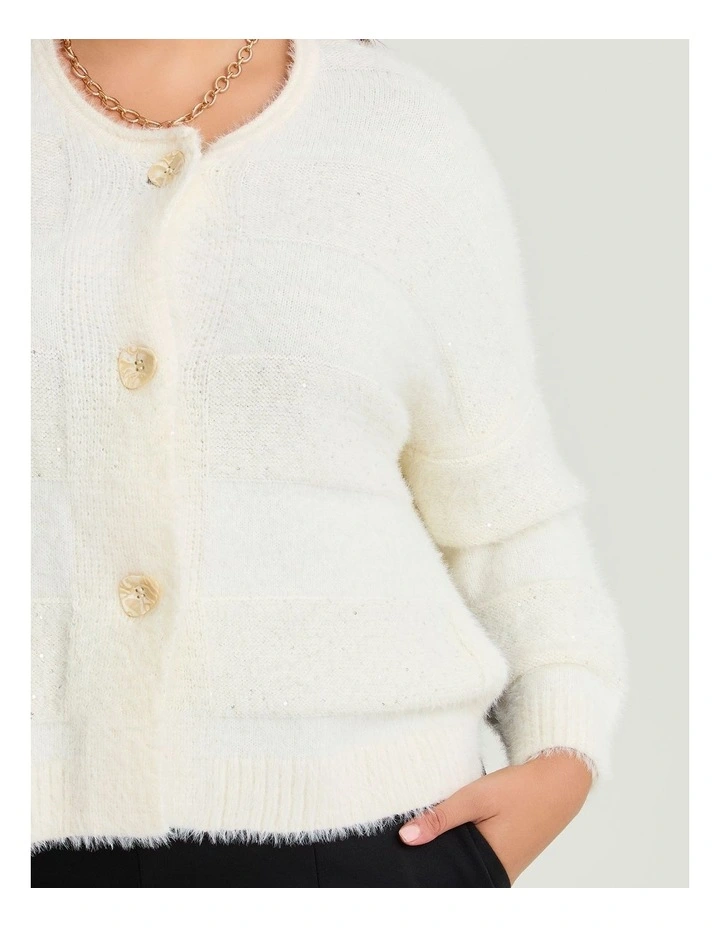 Fluffy Stripe Button Cardigan in Ivory Cream image 3
