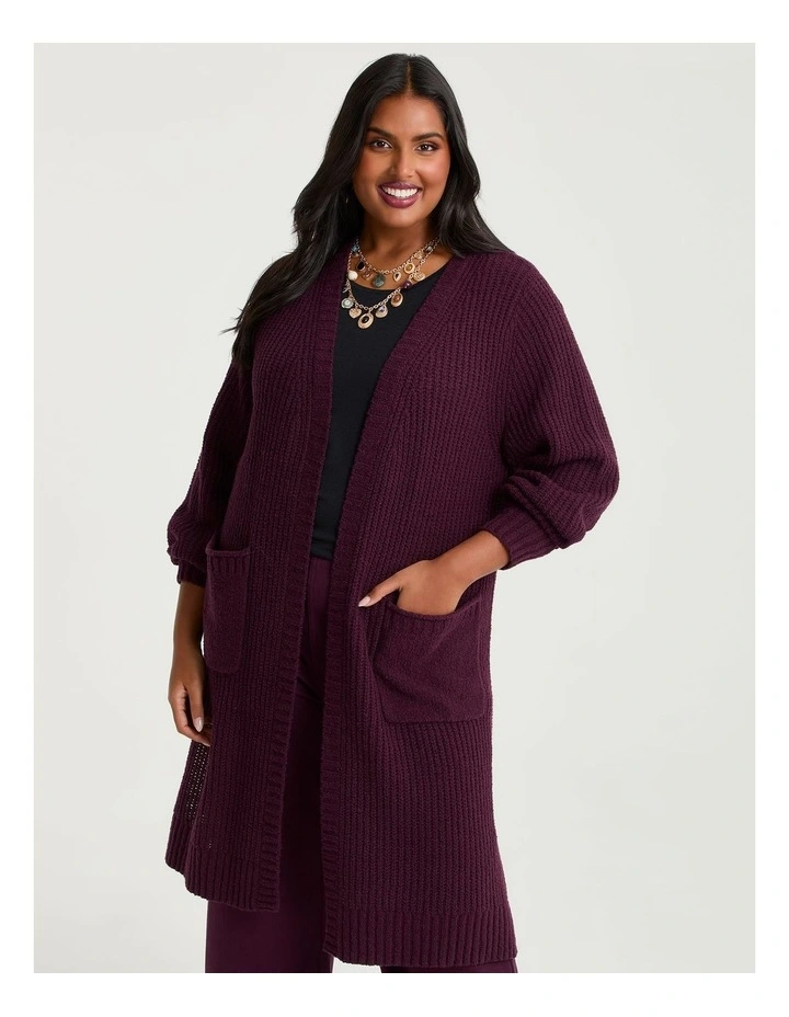 Longline Pocket Rib Cardigan in Wine image 1