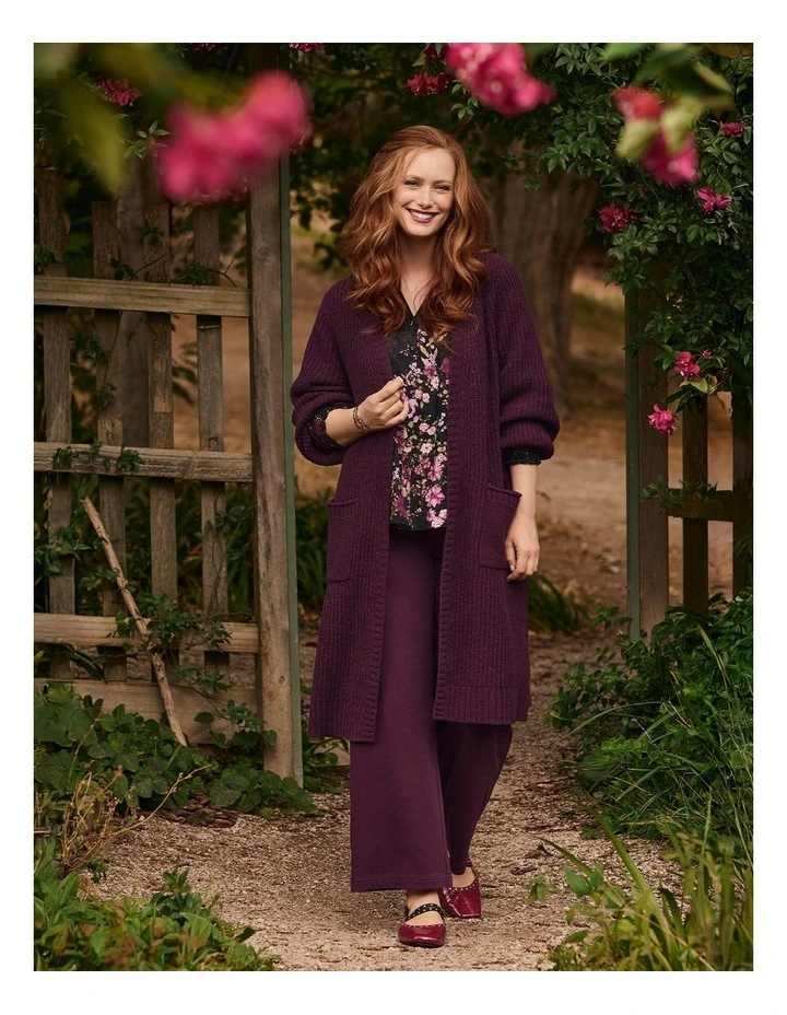 Longline Pocket Rib Cardigan in Wine image 4