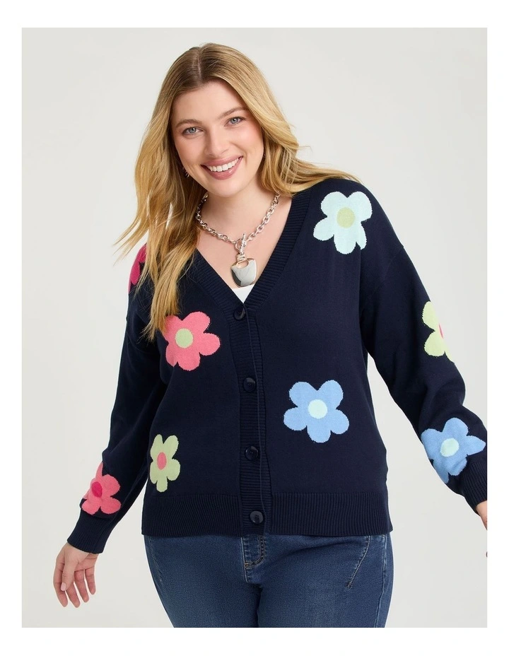 Flower V-neck Crop Cardigan Navy image 1