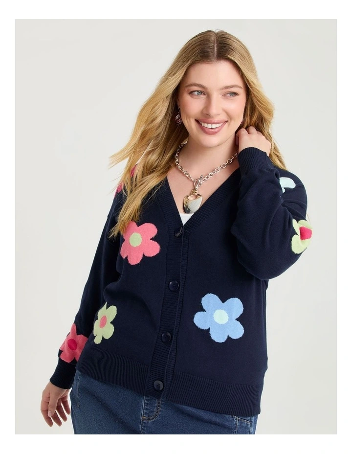 Flower V-neck Crop Cardigan Navy image 2