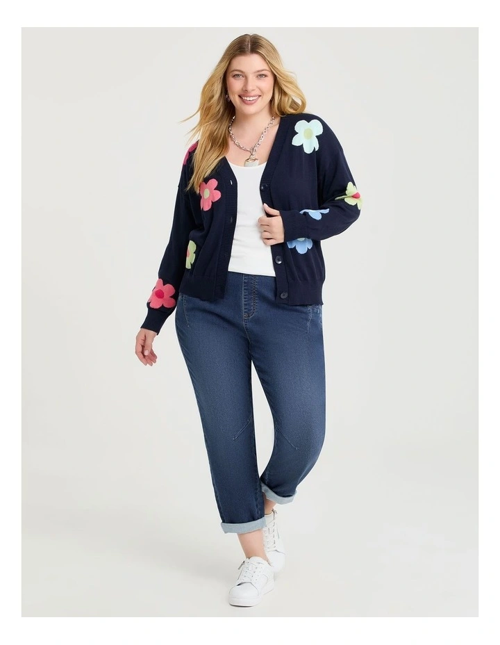Flower V-neck Crop Cardigan Navy image 3