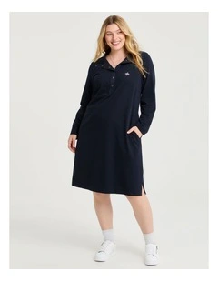 Cotton Long Sleeve Polo Dress Navy