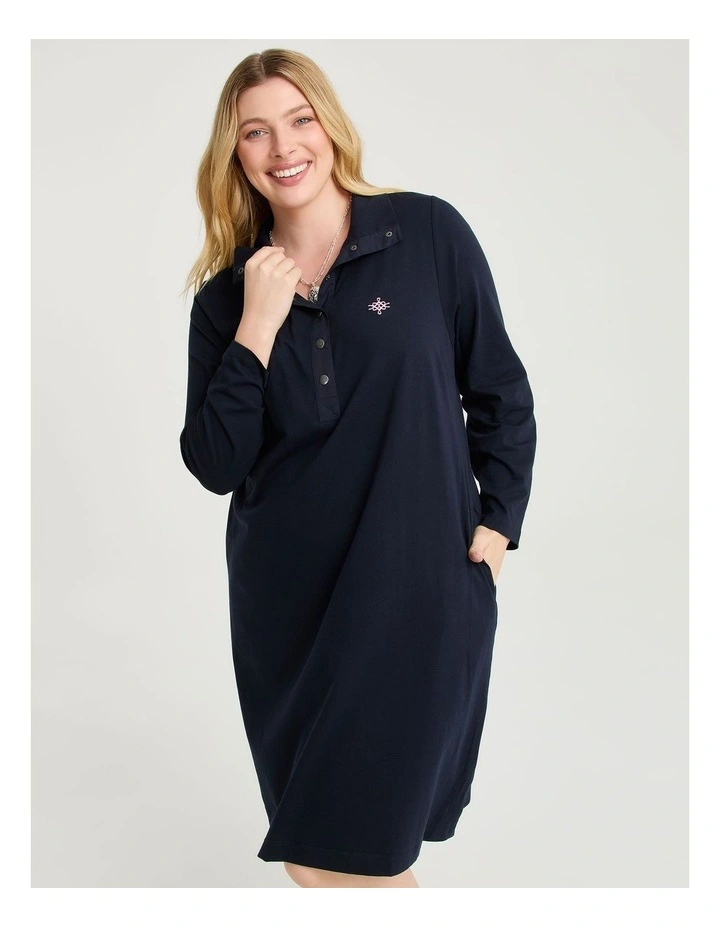 Cotton Long Sleeve Polo Dress Navy image 3