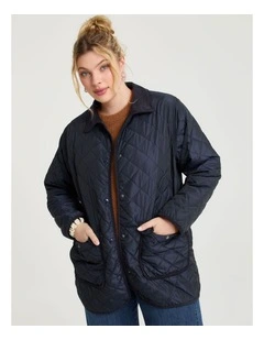 Quilted Cord Trim Barn Jacket in Navy