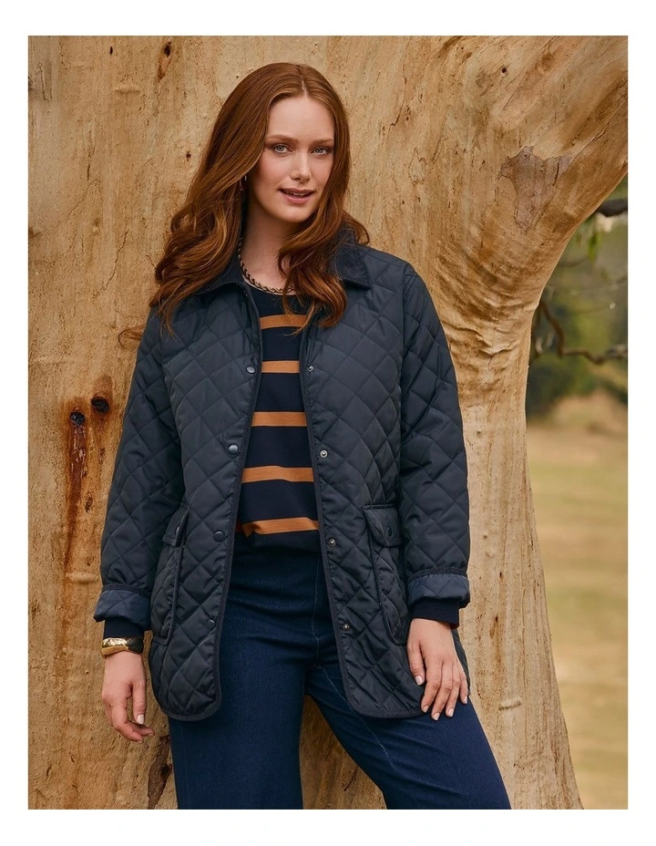 Quilted Cord Trim Barn Jacket in Navy image 3