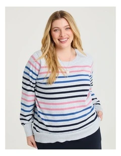 Lurex Stripe Crew Neck Jumper in Grey Marle/Multi