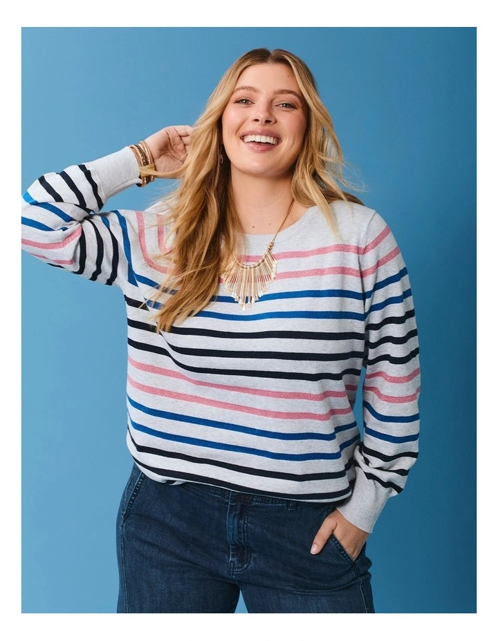 Lurex Stripe Crew Neck Jumper in Grey Marle/Multi image 5