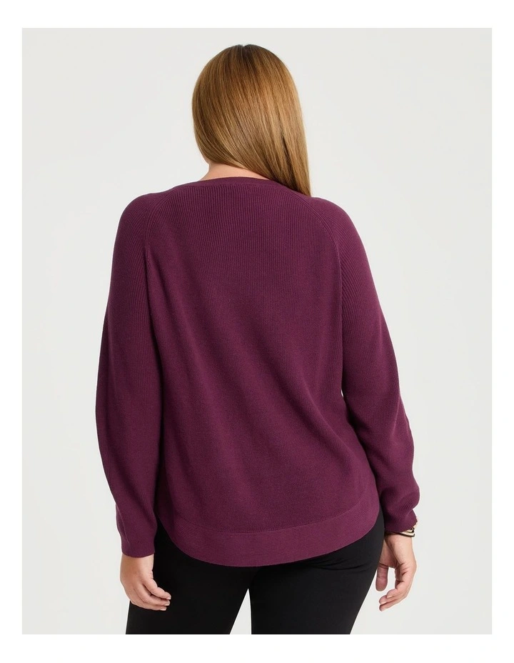 Curved Hem Rib Knit Jumper in Wine image 2