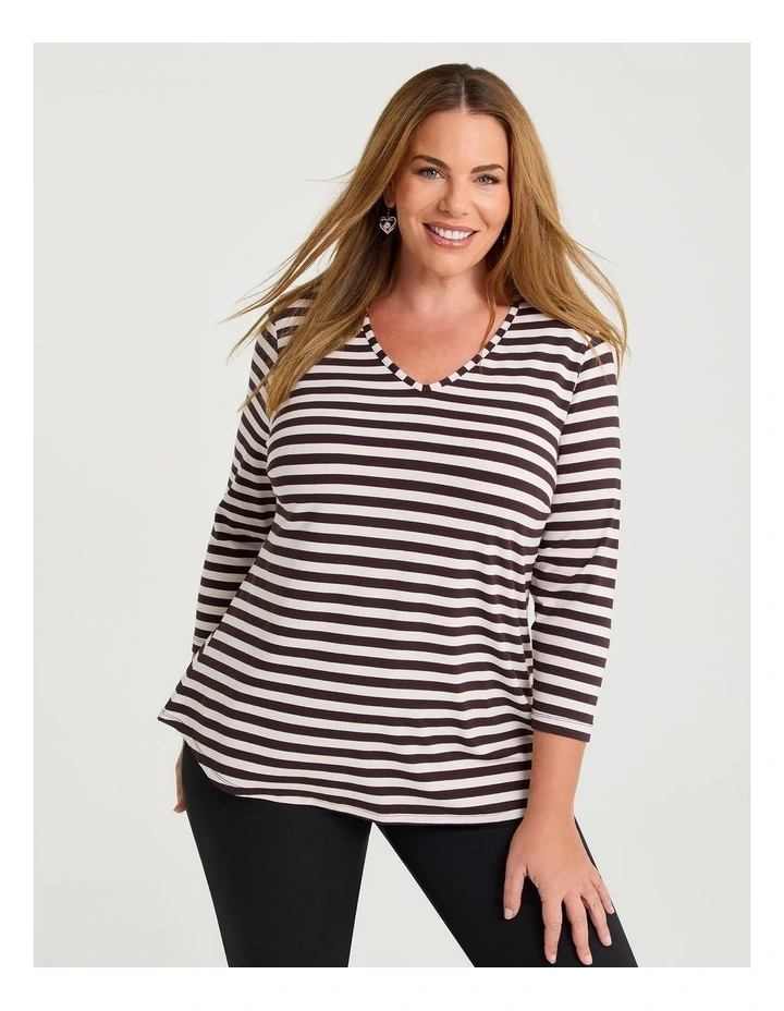 Natural Stripe 3/4 Sleeve T-shirt in Chocolate/Beige Stripe image 1