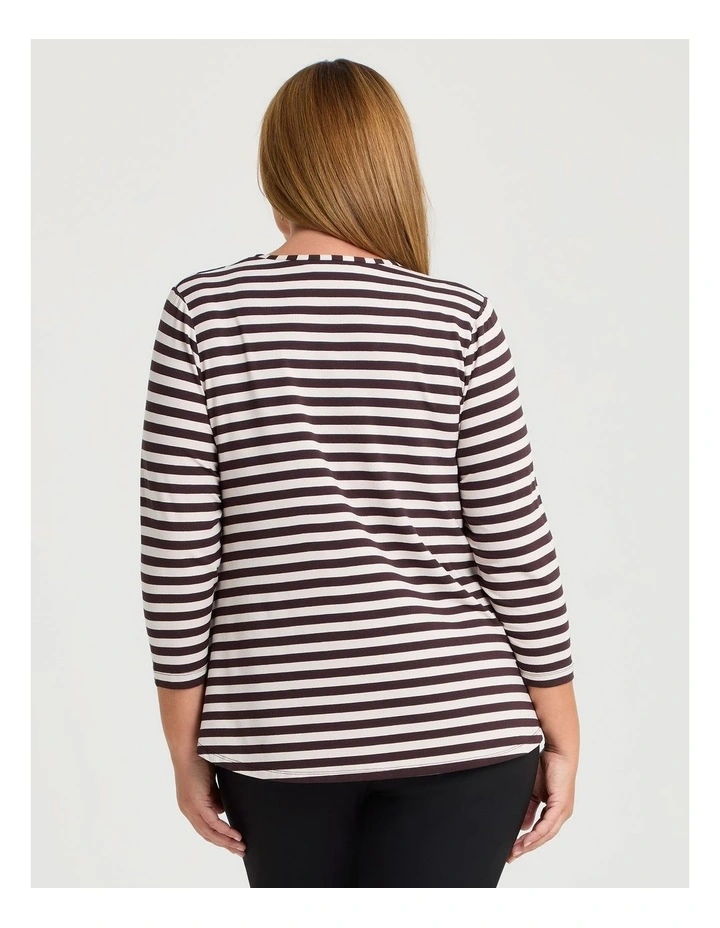 Natural Stripe 3/4 Sleeve T-shirt in Chocolate/Beige Stripe image 2