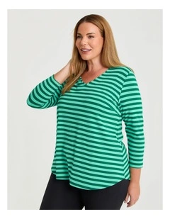 Natural Stripe 3/4 Sleeve T-shirt in Green/Mint Stripe