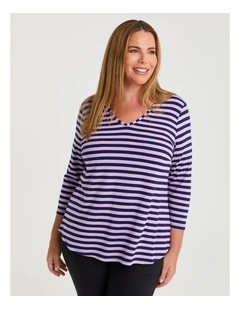 Natural Stripe 3/4 Sleeve T-shirt in Indigo/Violet Stripe