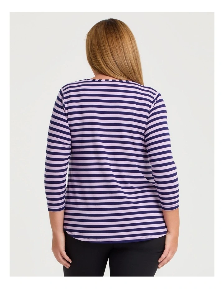 Natural Stripe 3/4 Sleeve T-shirt in Indigo/Violet Stripe image 2