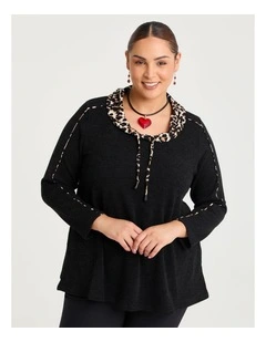 Waffle Snug & Leopard Trim Top Black/leopard