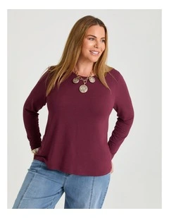 Australian Wool Blend Crew Neck Top in Red Plum