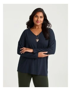 Australian Wool Blend V-neck Top Navy