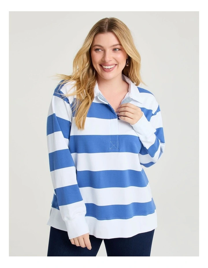 Cotton Polo Neck Sweatshirt Radiant in Blue/white image 1