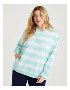 Cotton Mixed Stripe Sweatshirt in Topaz Blue/White